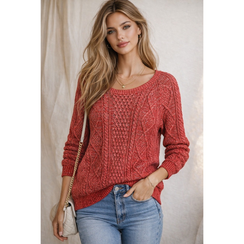 Gap Cable Knit Sweater Womens L Red Pink Fisherman Y2K Preppy‎ Coastal Rainbow